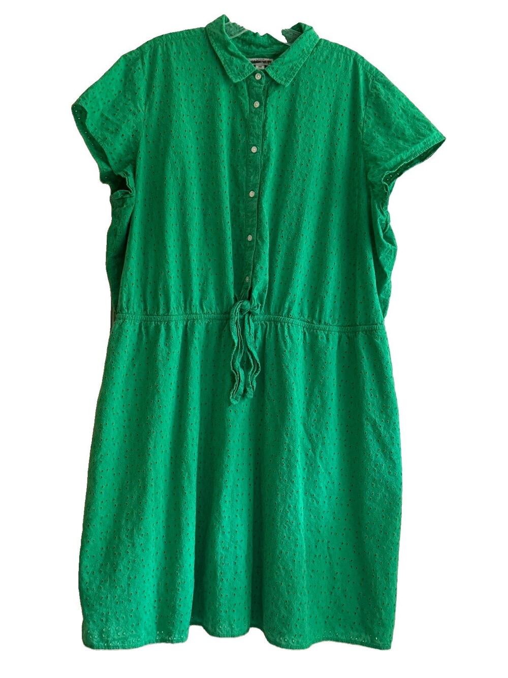 J Crew Mercantile 3X Dress Kelly Green Eyelet Tie Front Knee Length Lined